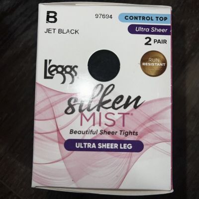 L'eggs ~ Silken Mist 2 Pair Women's Tights Hose Jet Black Control Top Ultra ~ B